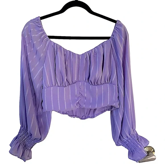 Shiny violet lilac purple puff sleeve crop top in size women’s XL - Picture 2 of 3